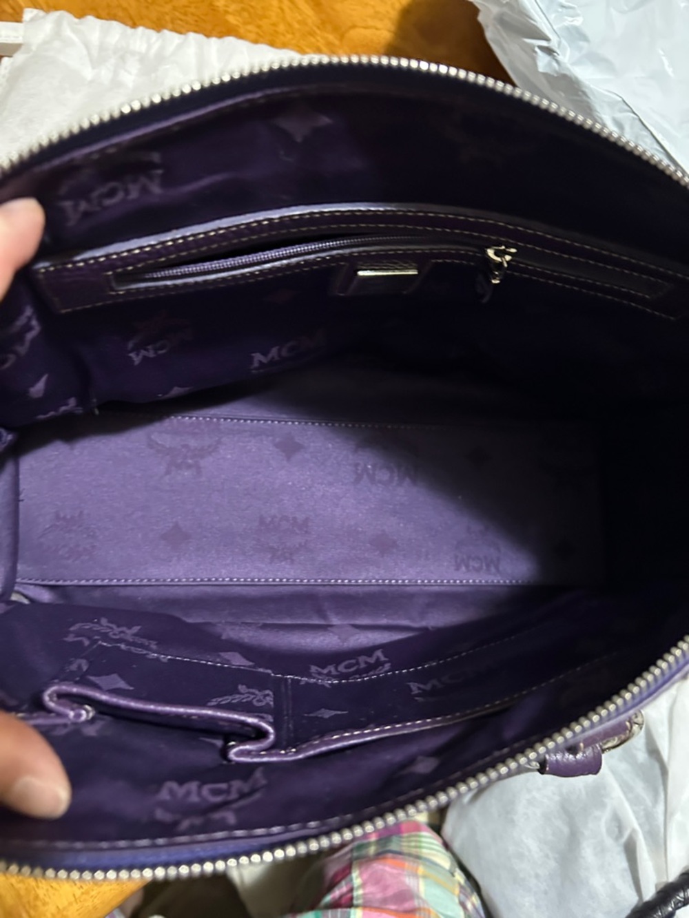 MCM Purple Leather Satchel Handbag with Front Pockets - Picture 7 of 9